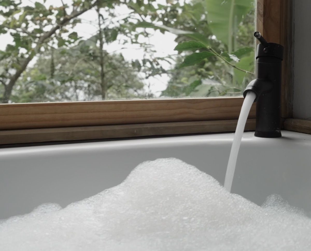 The bathtub filling beside a window onto the forest