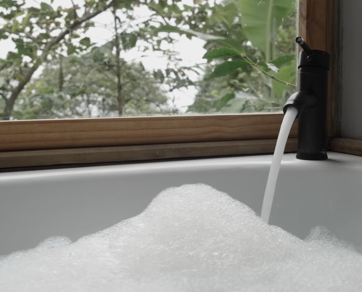 The bathtub filling beside a window onto the forest
